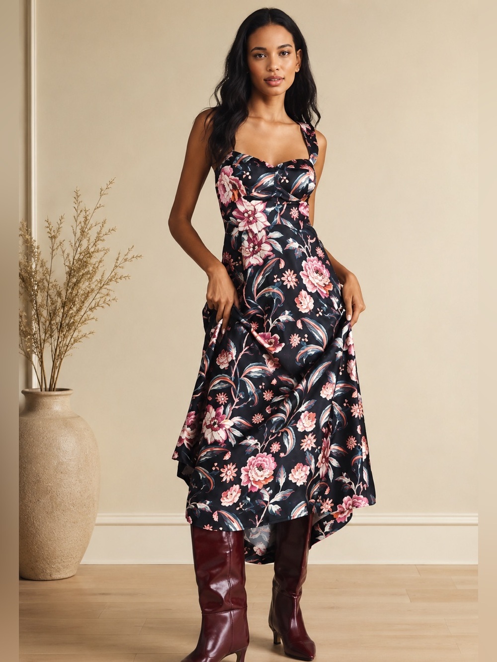 Anthropologie Maeve Jocelyn Sleeveless Slip Midi Dress Black floral Sz Small NWT